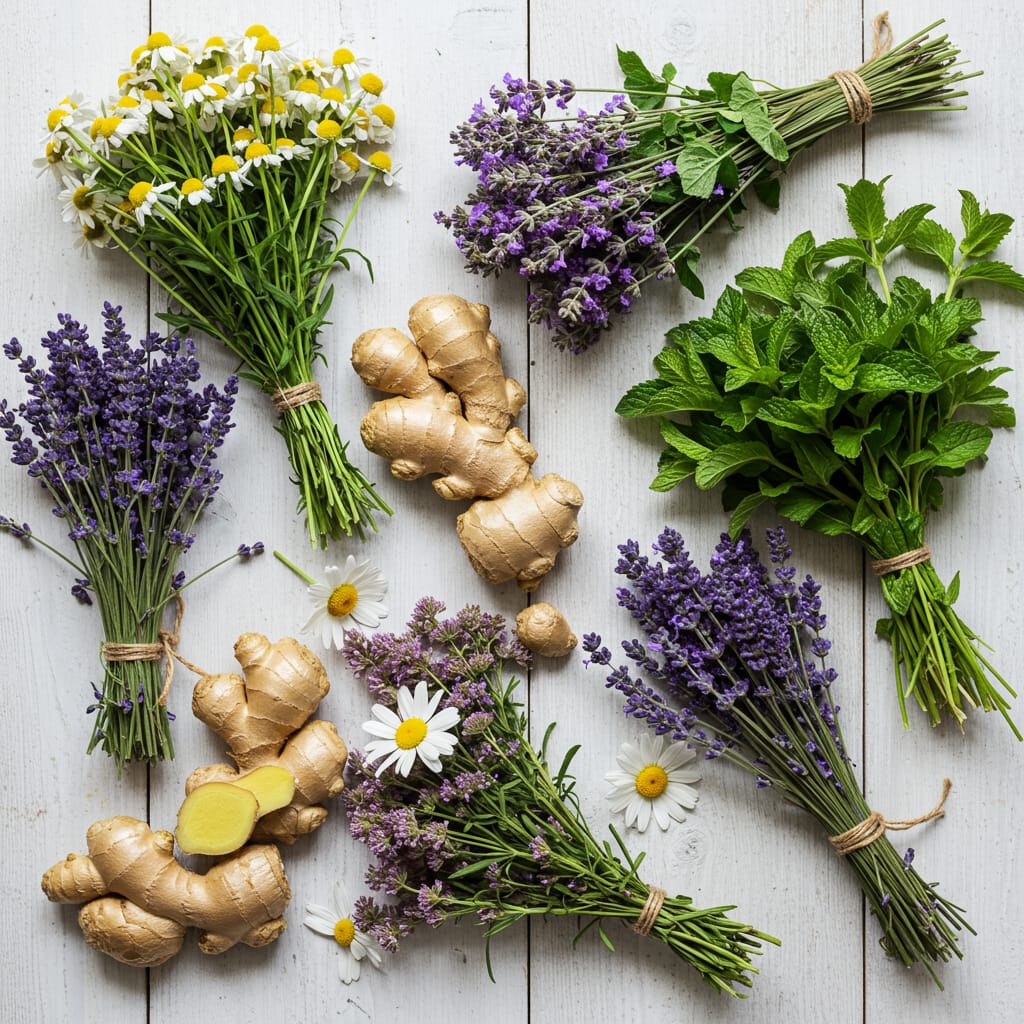 Healing Herbs for Common Ailments some herbs and fresh ginger on the table