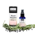 Muscle Relaxation Wellness Oil with white and powder colored label on black bottle