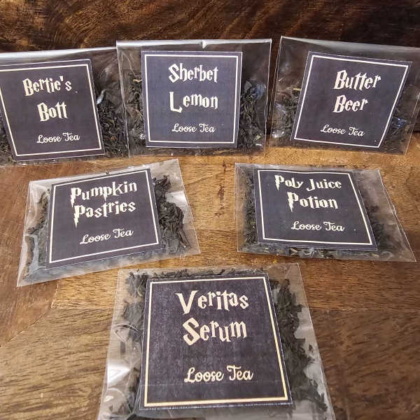 Harry Potter Inspired Themed Loose Tea Packets with black white label