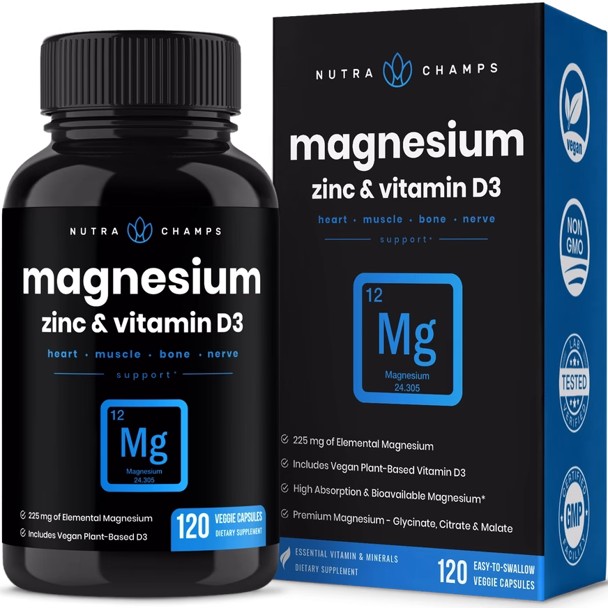 Magnesium, Zinc & D3 Capsules in black bottle