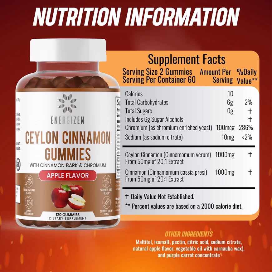 Energizen Cinnamon + Chromium Gummies With Ingredients Photo Energizen Cinnamon + Chromium Gummies With Ingredients Photo