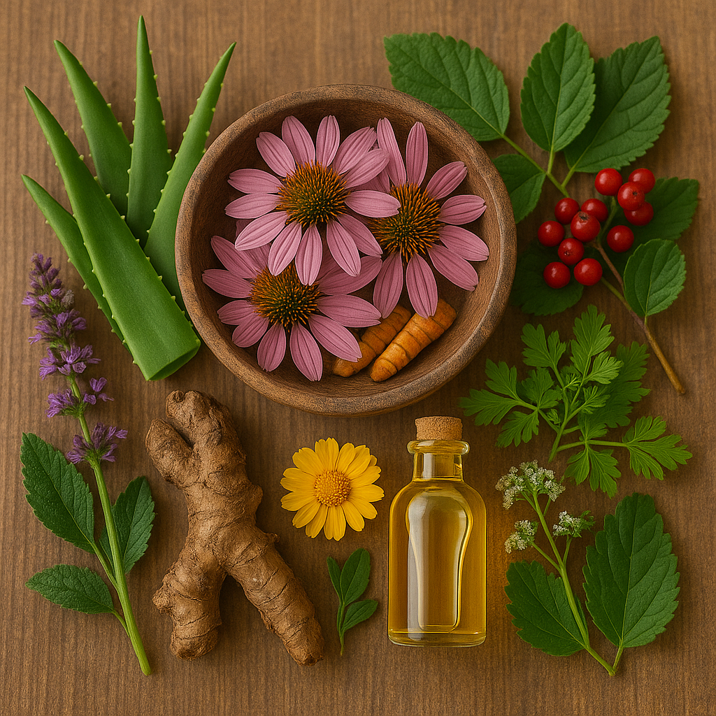 plants on wooden table Healing Plants and Their Properties