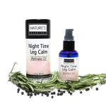 Nighttime Leg Calm Wellness Oil with white and powder colored label on black bottle