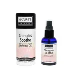 Shingles Soothe Wellness Oil with white and powder colored label on black bottle