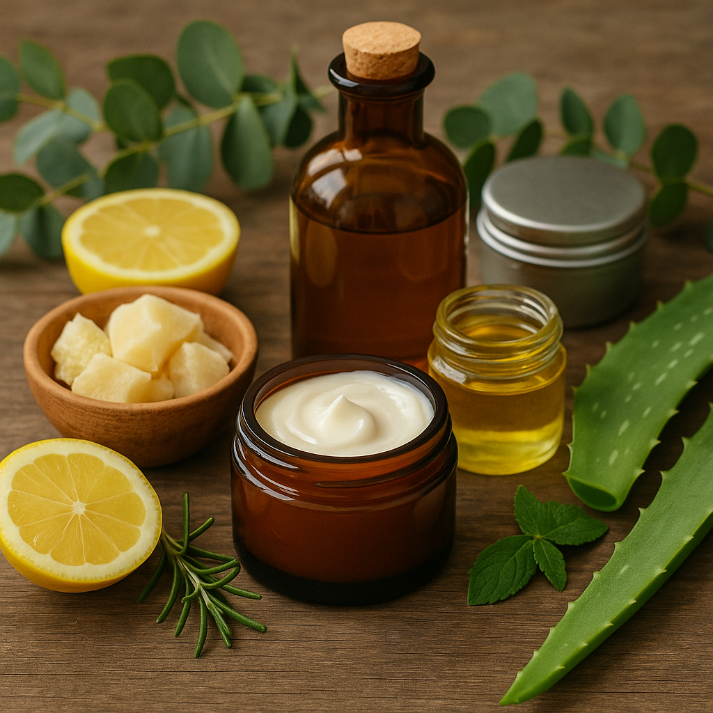 cream in a brown jar on a wooden board