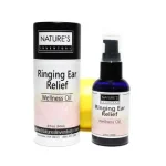 Ringing Ear Relief Oil with white and powder colored label on black bottle