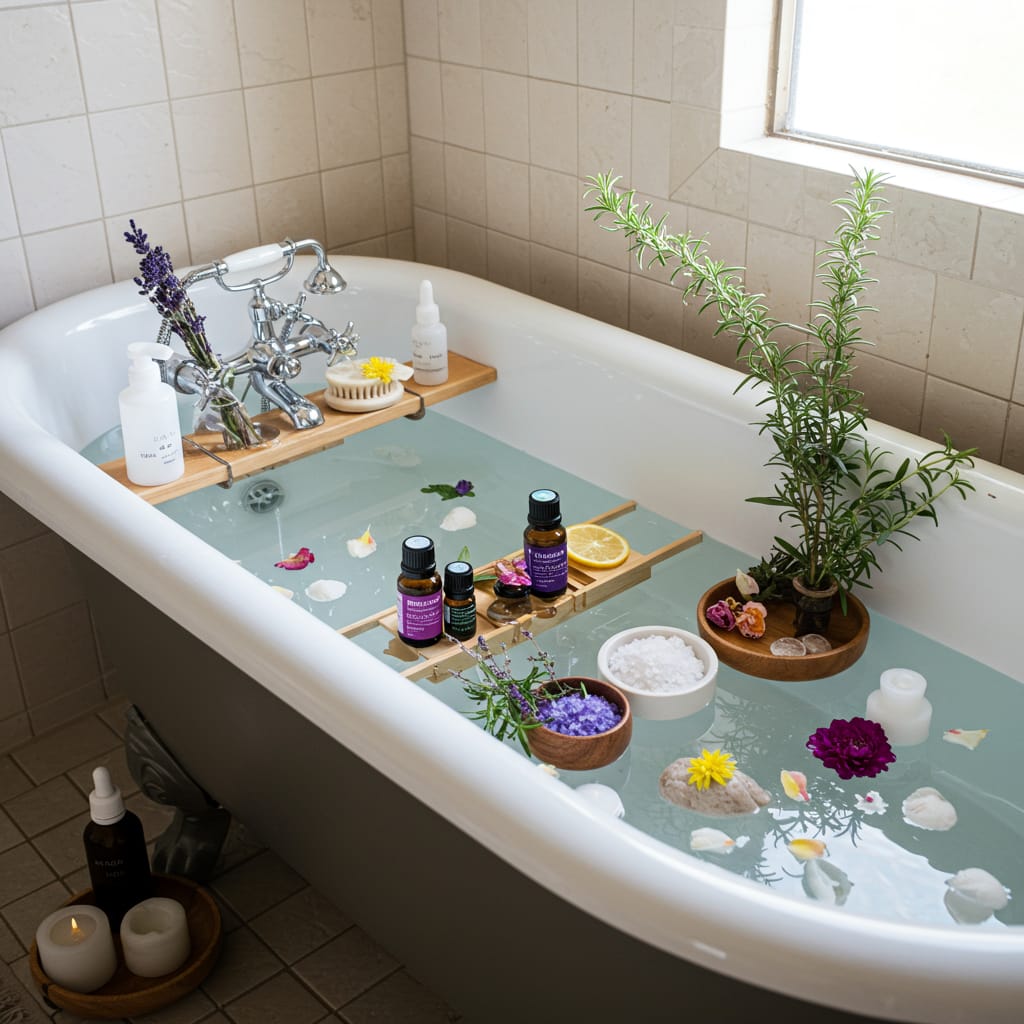 DIY Healing Baths and Soaks plants and soaps in the tub