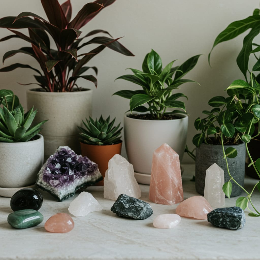 Healing with Crystals and Plants natural stones on the table