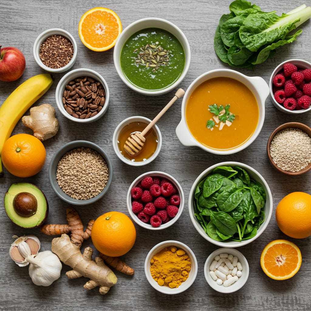 Immune-Boosting Recipes many kinds of fruits and fresh spices on the table