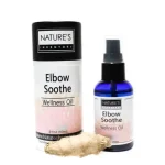 Elbow Soothe Wellness Oil with white and powder colored label on black bottle