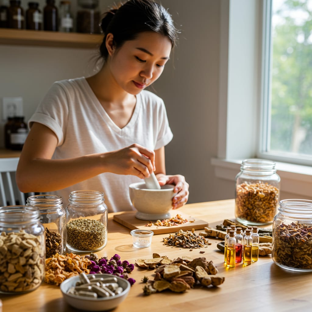 creating your own herbal supplements A woman preparing in the kitchen
