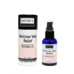 Varicose Veins Wellness Oil with white and powder colored label on black bottle