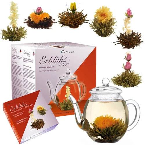 Blooming Tea Set with Glass Jug White & Black Tea with box and teapot