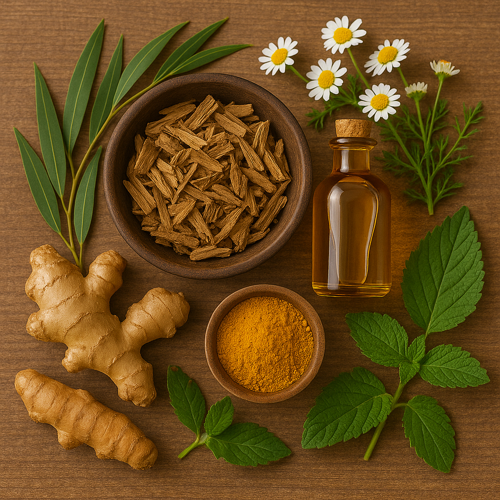 fresh ginger and various herbs on a wooden table - Natural Pain Relief Recipes