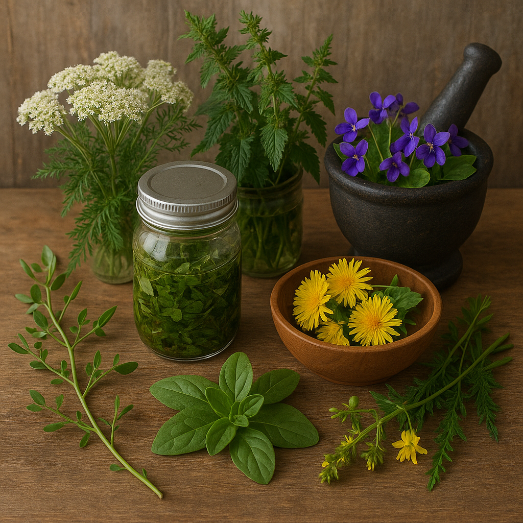 flowers and glass jar on wooden board