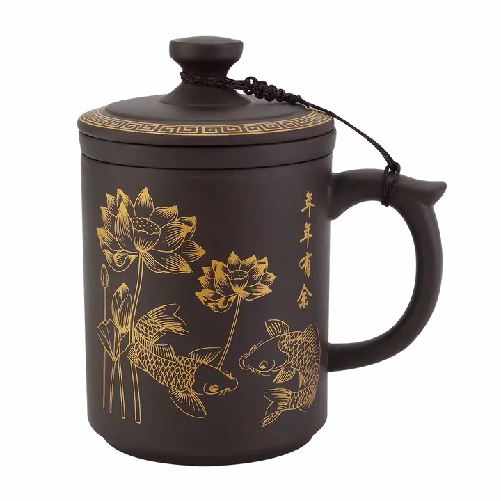 Koi Fish Clay Mug W/Strainer Koi Fish Clay Mug W/Strainer With Brown Patterned Mug