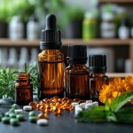 Herbal Tinctures And Capsules Serene Home Office Features Essential Oils, Herbal Remedies, And Vibrant Plants.