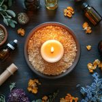 Burning Candle Surrounded By Herbs, Flowers And Essential Oils For Aromatherapy And Relaxation