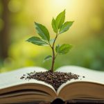 Seeds, Plants And Education Inspirational Book With A Growing Plant And Seeds On A Table In A Natural Light Background