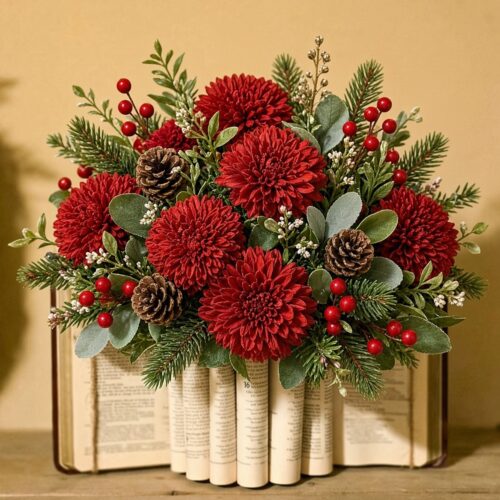 Festive bouquet of red dahlias with greenery, pinecones, and red berries arranged in a crate lined with rolled newspapers on a wooden table against a warm background.