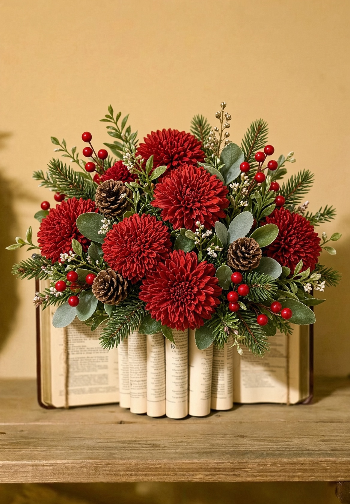 image 1 | Wild Roots Apothecary and Seed Shop Festive bouquet of red dahlias with greenery, pinecones, and red berries arranged in a crate lined with rolled newspapers on a wooden table against a warm background.