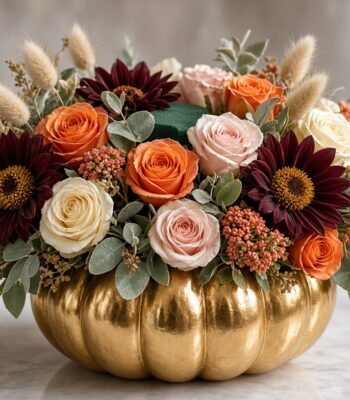 Colorful flower arrangement in a shiny gold pumpkin vase featuring orange, cream, and pink roses with burgundy mums and greenery on a marble surface.
