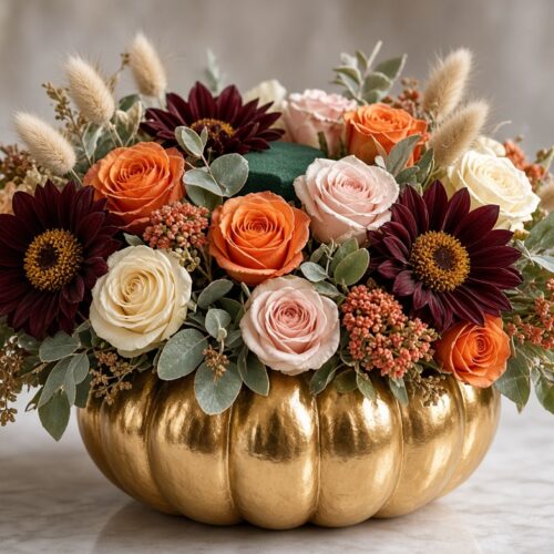 Colorful flower arrangement in a shiny gold pumpkin vase featuring orange, cream, and pink roses with burgundy mums and greenery on a marble surface.