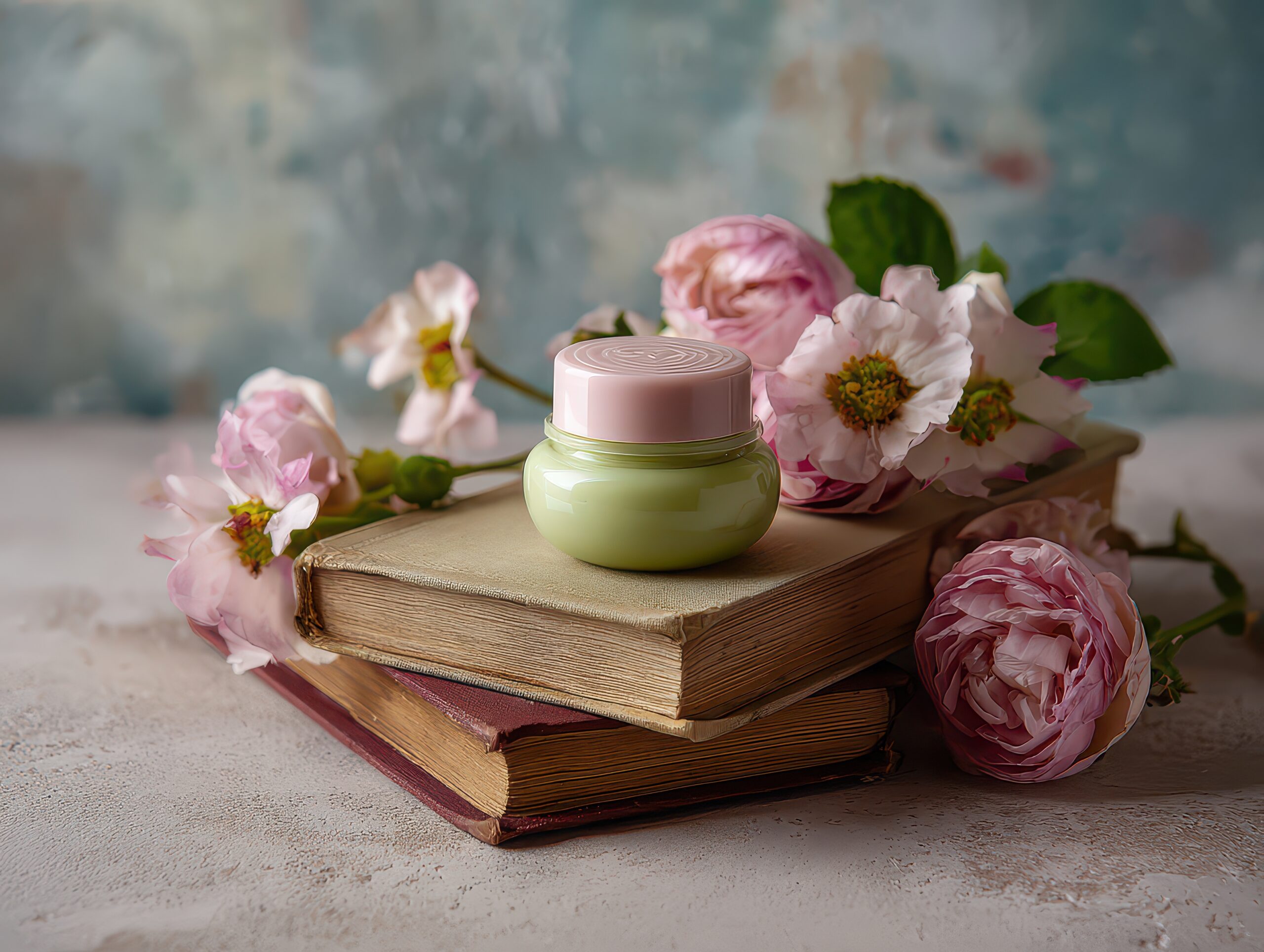 Pastel Pink and Green Facial Cream Jar on Books with Flowers | Wild Roots Apothecary and Seed Shop